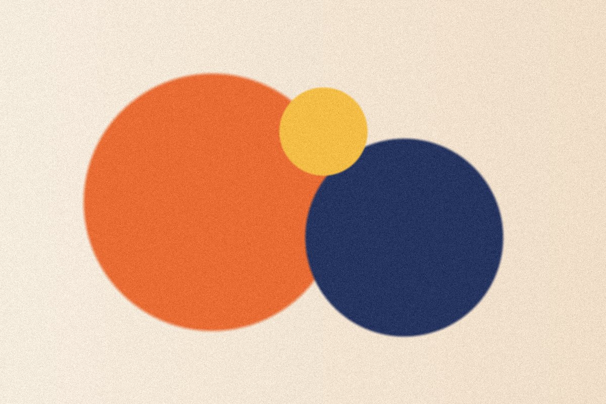 Formas abstratas em laranja, azul-marinho e amarelo